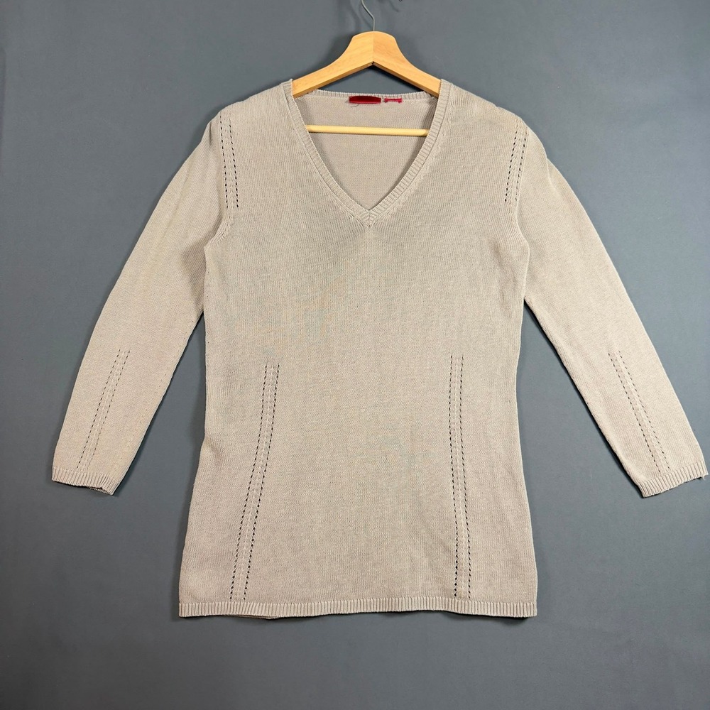 HUGO Womens Medium V Neck Knit Tunic Sweater Beige Long Sleeve Pullover